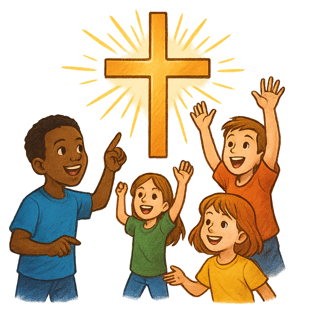 Kinderen blij rond een kruis